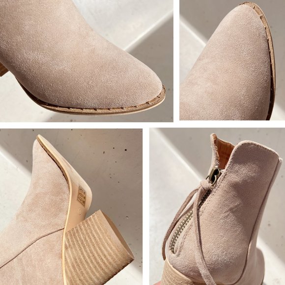 Taupe Faux Suede Pointed Toe Rivet Mini Studded Block Heel Ankle Bootie Boot - Picture 11 of 16